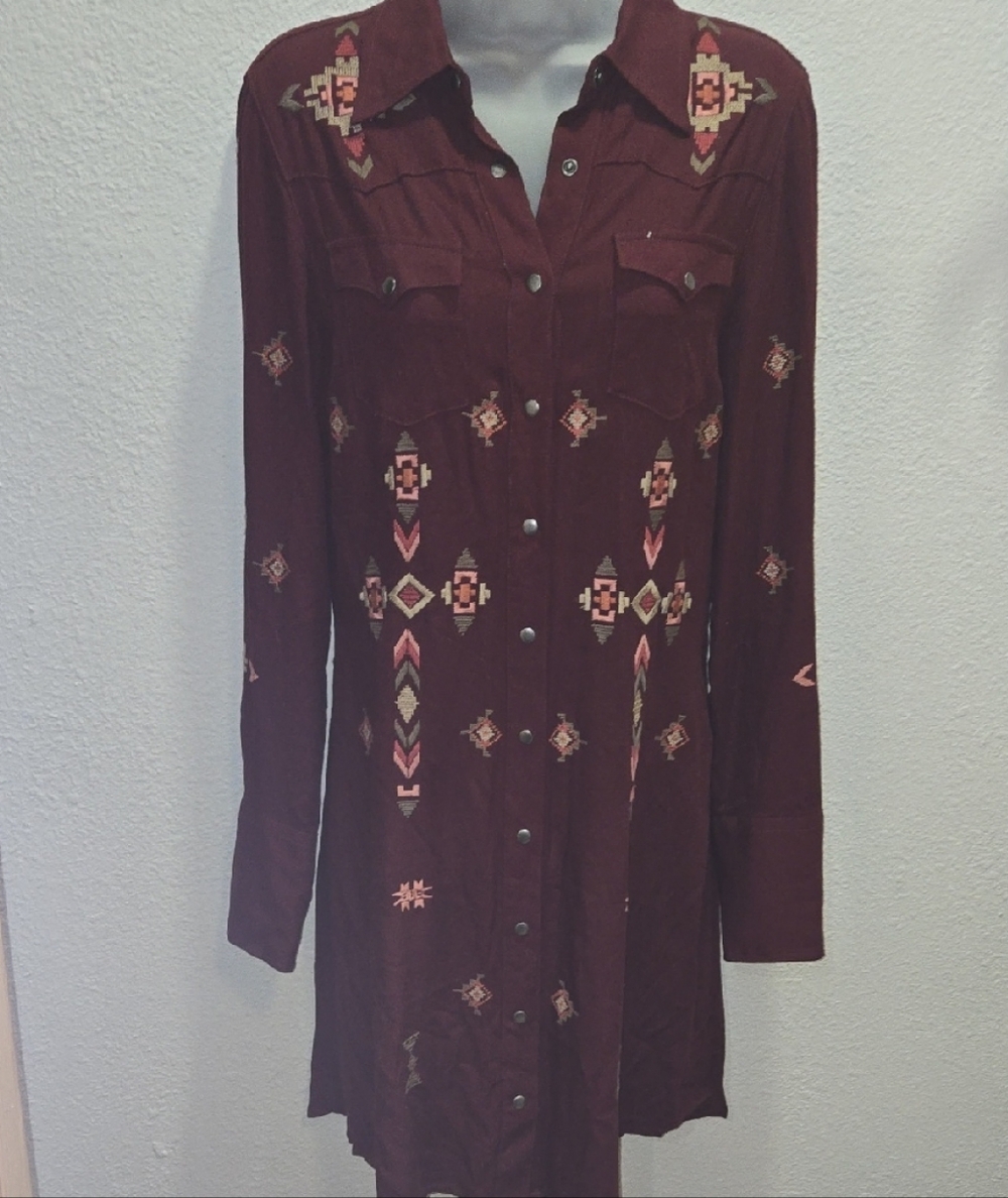 Stetson Burgundy Long Sleeve Dress with Geometric Patterns